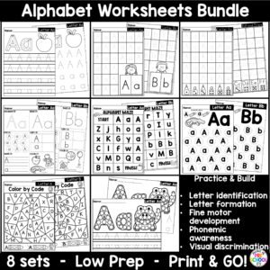 Alphabet worksheets to practice letter formation, letter identification, and more with your preschool, pre-k, and kindergarten students.