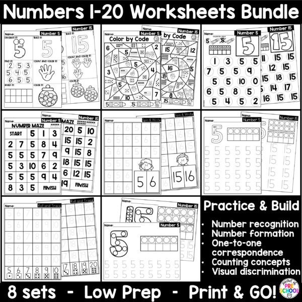 Numbers 1-20 worksheets for preschool, pre-k, and kindergarten students to practice number identification, number formation, and more!