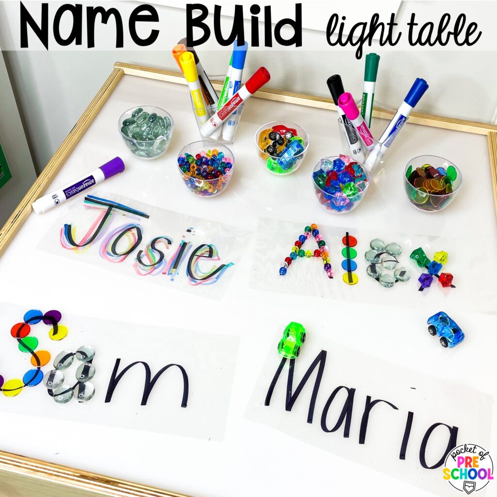 Name build! Literacy light table ideas for preschool, pre-k, and kindergarten. Plus ideas for fine motor development and pre-writing skills.