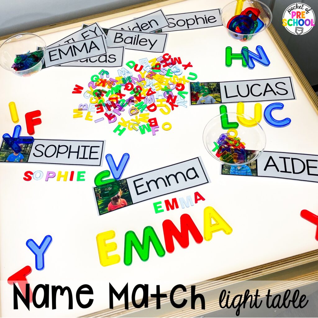 Name match! Literacy light table ideas for preschool, pre-k, and kindergarten. Plus ideas for fine motor development and pre-writing skills.