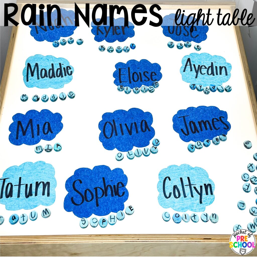 Rain names! Literacy light table ideas for preschool, pre-k, and kindergarten. Plus ideas for fine motor development and pre-writing skills.