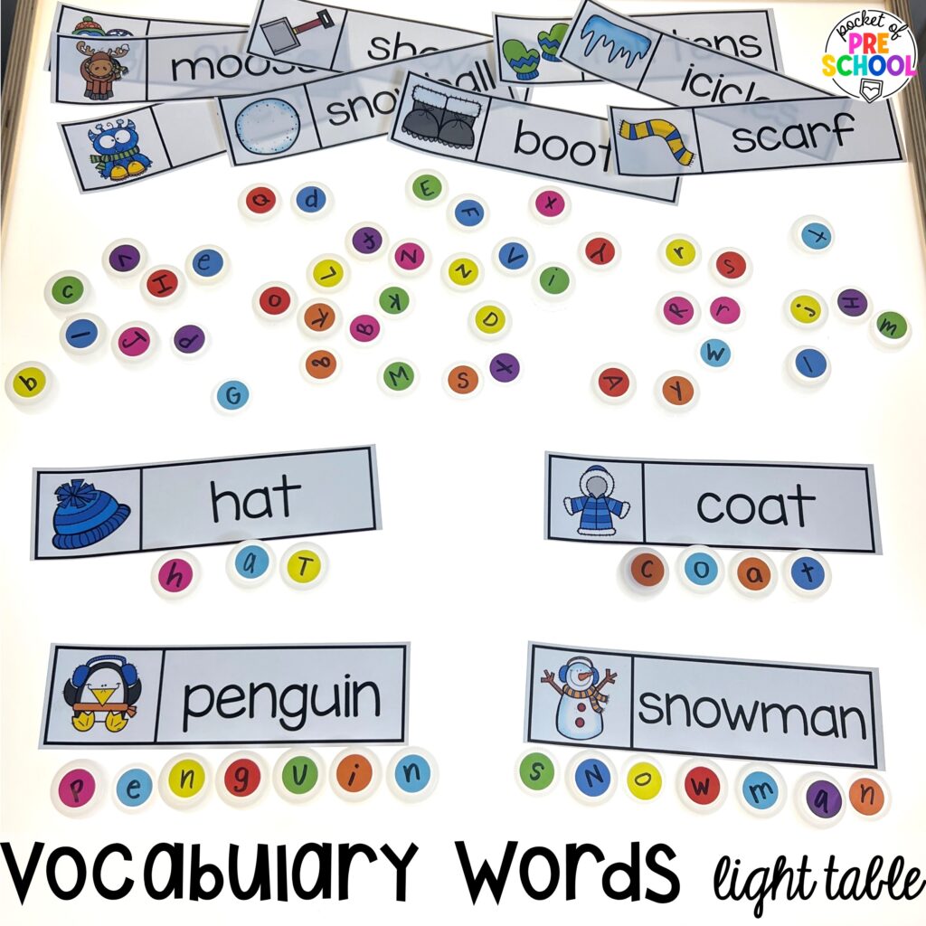 Vocabulary words! Literacy light table ideas for preschool, pre-k, and kindergarten. Plus ideas for fine motor development and pre-writing skills.
