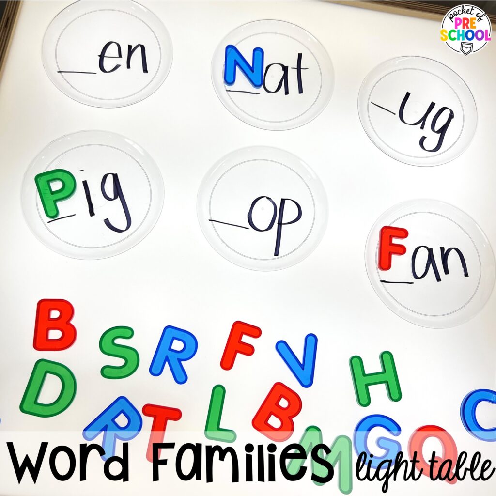 Word families! Literacy light table ideas for preschool, pre-k, and kindergarten. Plus ideas for fine motor development and pre-writing skills.