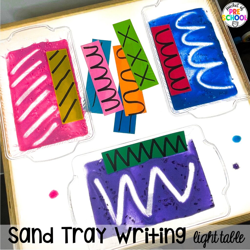 Sand tray writing! Literacy light table ideas for preschool, pre-k, and kindergarten. Plus ideas for fine motor development and pre-writing skills.