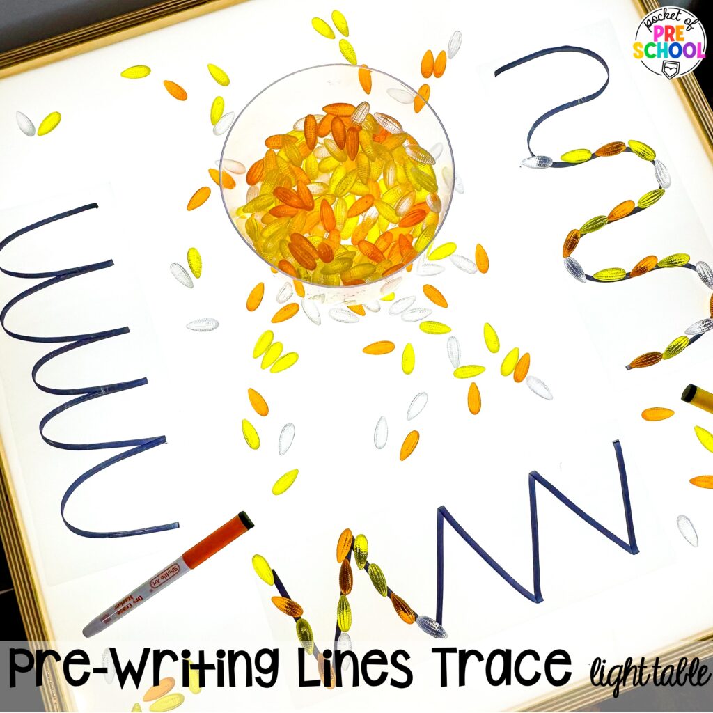 Pre-writing lines trace! Literacy light table ideas for preschool, pre-k, and kindergarten. Plus ideas for fine motor development and pre-writing skills.