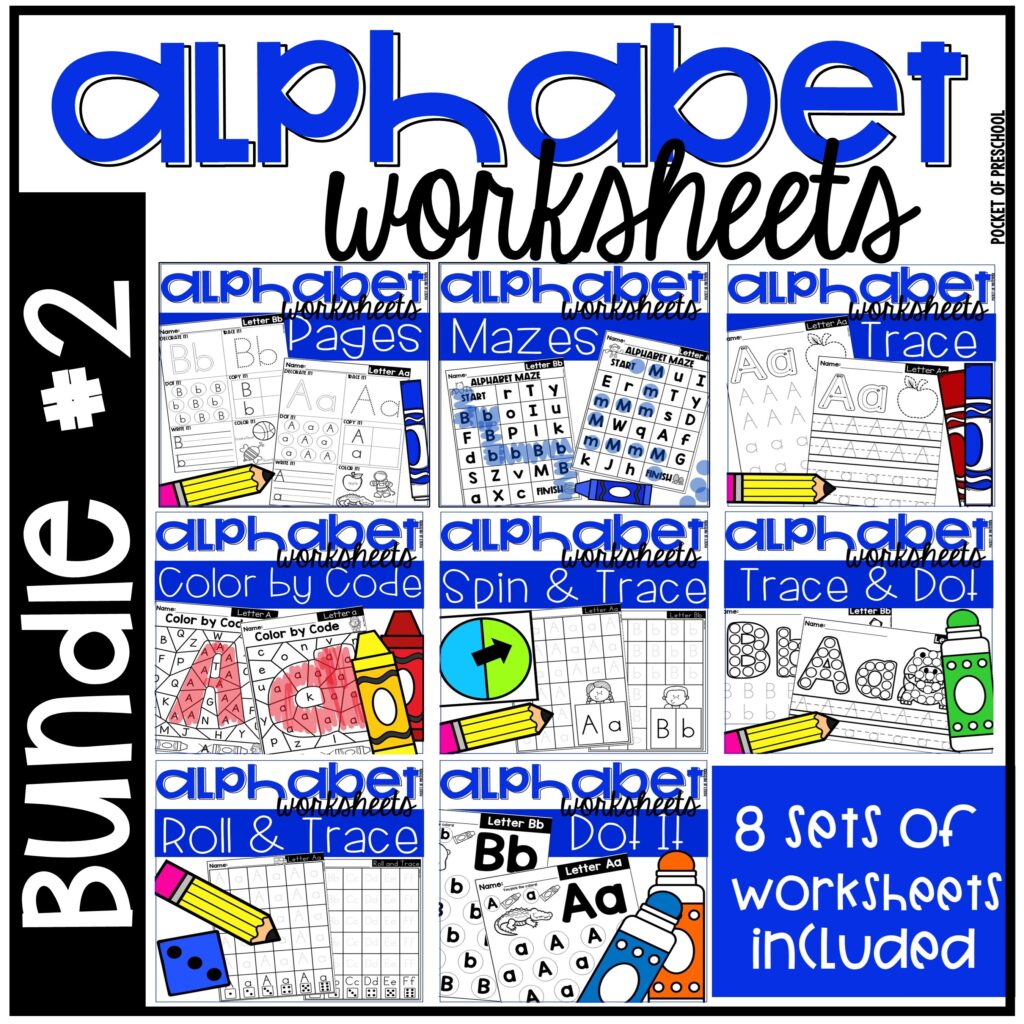 Alphabet worksheets to practice letter formation, letter identification, and more with your preschool, pre-k, and kindergarten students.