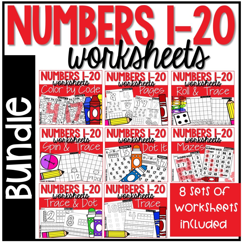 Numbers 1-20 worksheets for preschool, pre-k, and kindergarten students to practice number identification, number formation, and more!