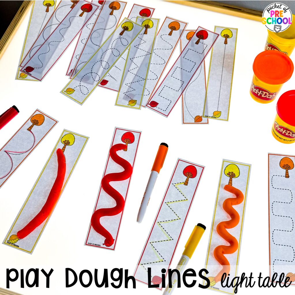 Play dough lines! Literacy light table ideas for preschool, pre-k, and kindergarten. Plus ideas for fine motor development and pre-writing skills.