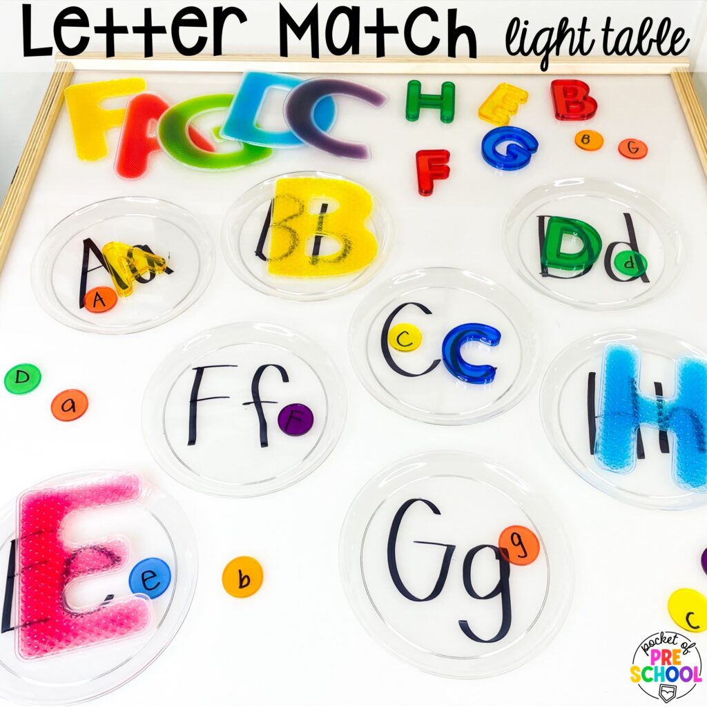 Letter matching! Literacy light table ideas for preschool, pre-k, and kindergarten. Plus ideas for fine motor development and pre-writing skills.