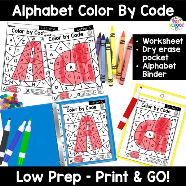 Color by code! Alphabet worksheets to practice letter formation, letter identification, and more with your preschool, pre-k, and kindergarten students.