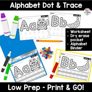 Dot and trace! Alphabet worksheets to practice letter formation, letter identification, and more with your preschool, pre-k, and kindergarten students.