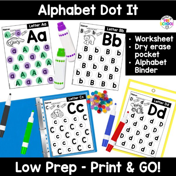 Dot it! Alphabet worksheets to practice letter formation, letter identification, and more with your preschool, pre-k, and kindergarten students.