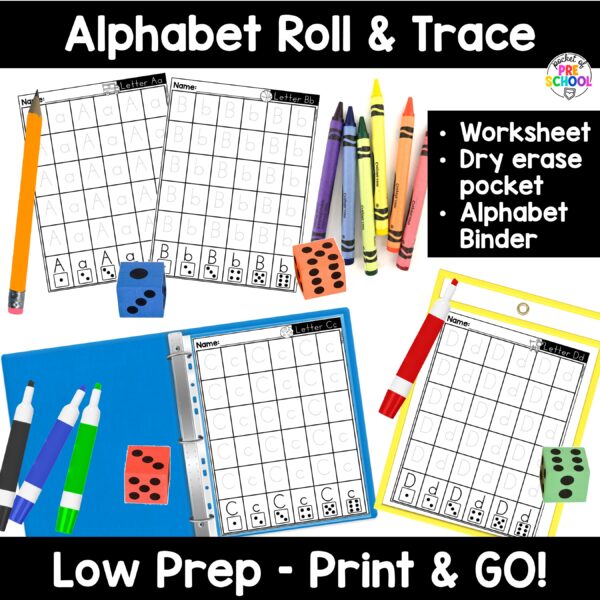Roll and trace! Alphabet worksheets to practice letter formation, letter identification, and more with your preschool, pre-k, and kindergarten students.