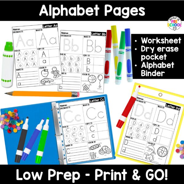 Alphabet pages! Alphabet worksheets to practice letter formation, letter identification, and more with your preschool, pre-k, and kindergarten students.