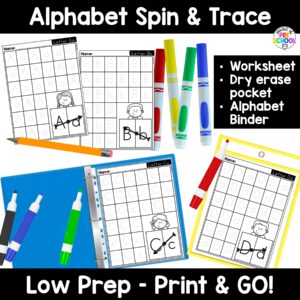 Spin and trace! Alphabet worksheets to practice letter formation, letter identification, and more with your preschool, pre-k, and kindergarten students.