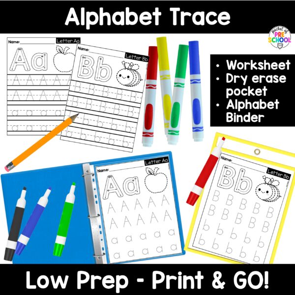 Letter trace! Alphabet worksheets to practice letter formation, letter identification, and more with your preschool, pre-k, and kindergarten students.