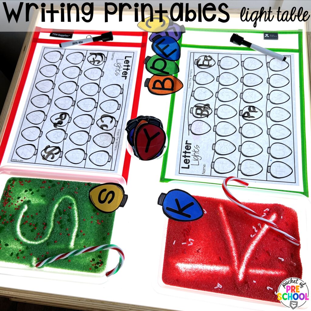 Writing printables! Literacy light table ideas for preschool, pre-k, and kindergarten. Plus ideas for fine motor development and pre-writing skills.