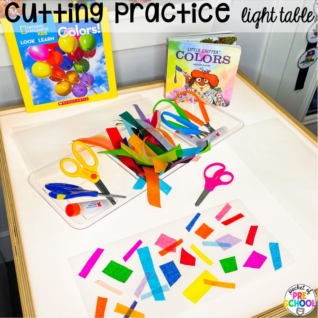 Cutting practice! Literacy light table ideas for preschool, pre-k, and kindergarten. Plus ideas for fine motor development and pre-writing skills.