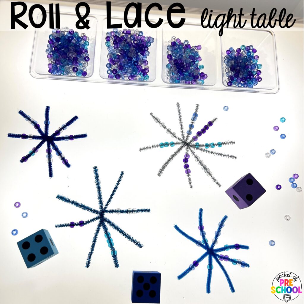 Roll & lace! Literacy light table ideas for preschool, pre-k, and kindergarten. Plus ideas for fine motor development and pre-writing skills.