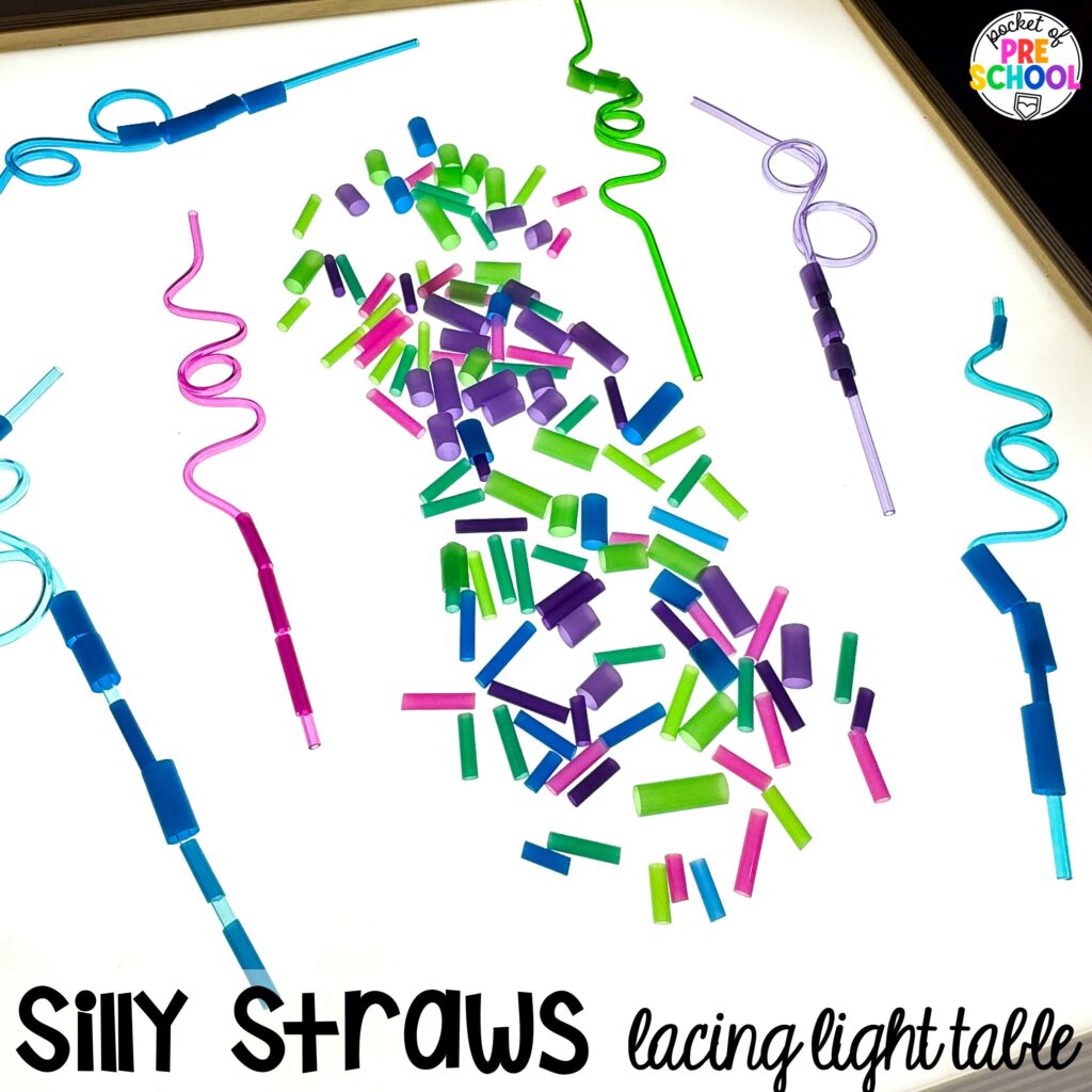 Silly straws lacing! Literacy light table ideas for preschool, pre-k, and kindergarten. Plus ideas for fine motor development and pre-writing skills.