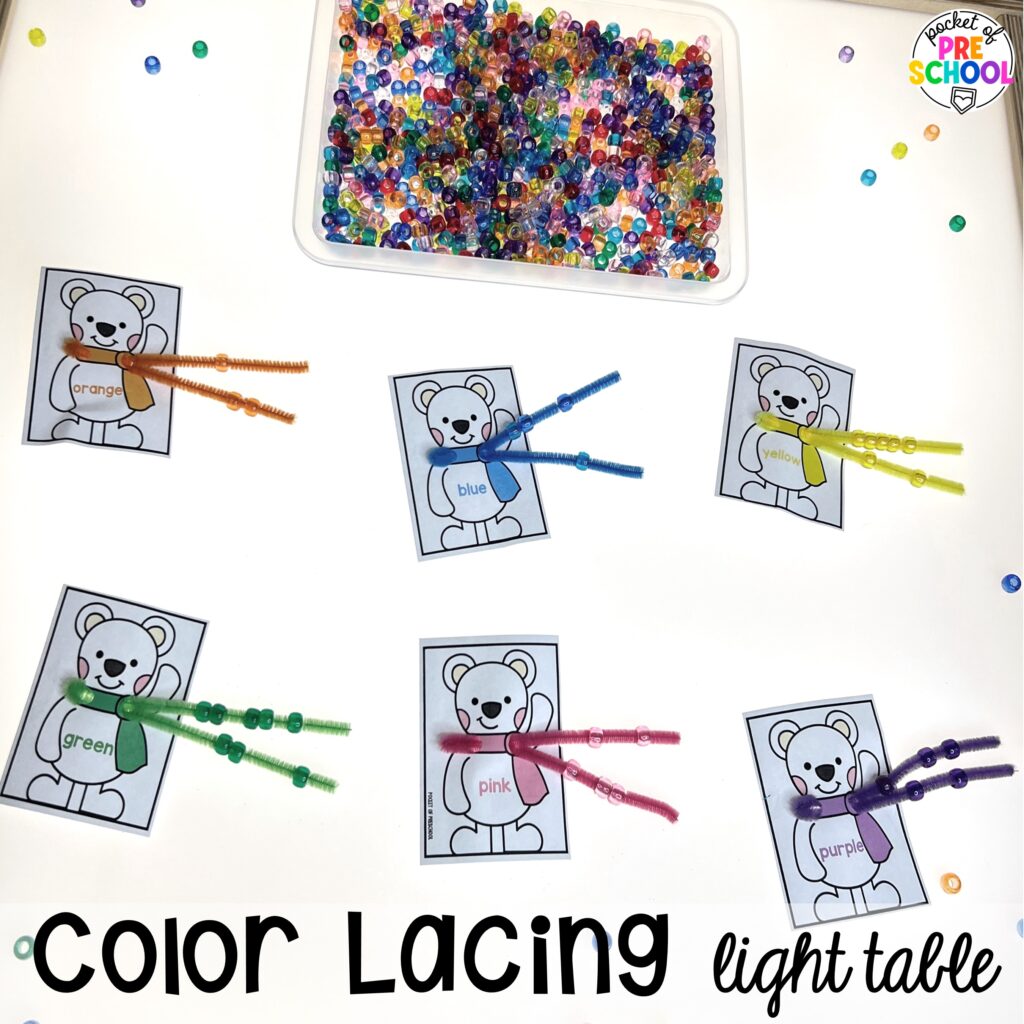 Color lacing! Literacy light table ideas for preschool, pre-k, and kindergarten. Plus ideas for fine motor development and pre-writing skills.