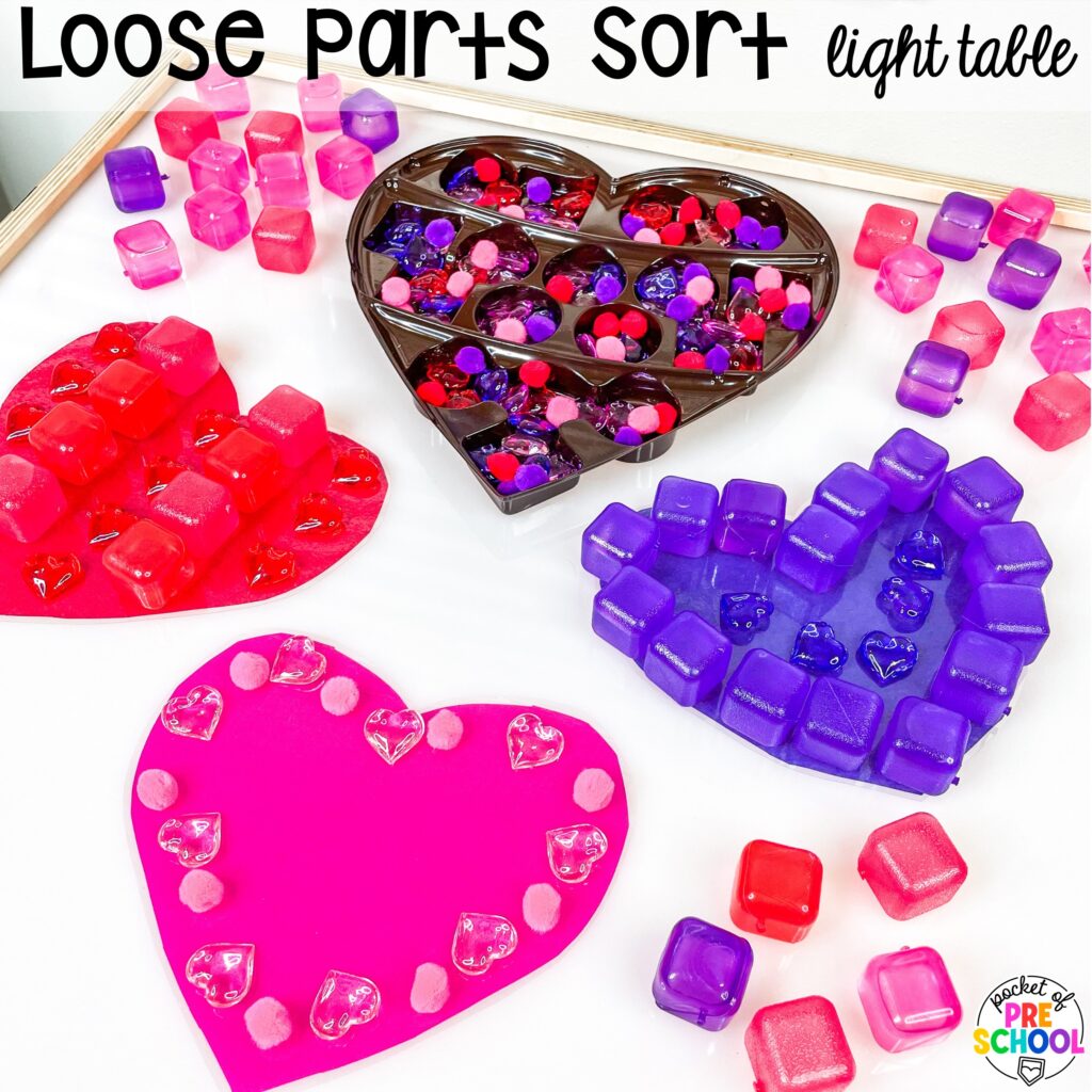 Loose parts sort! Literacy light table ideas for preschool, pre-k, and kindergarten. Plus ideas for fine motor development and pre-writing skills.