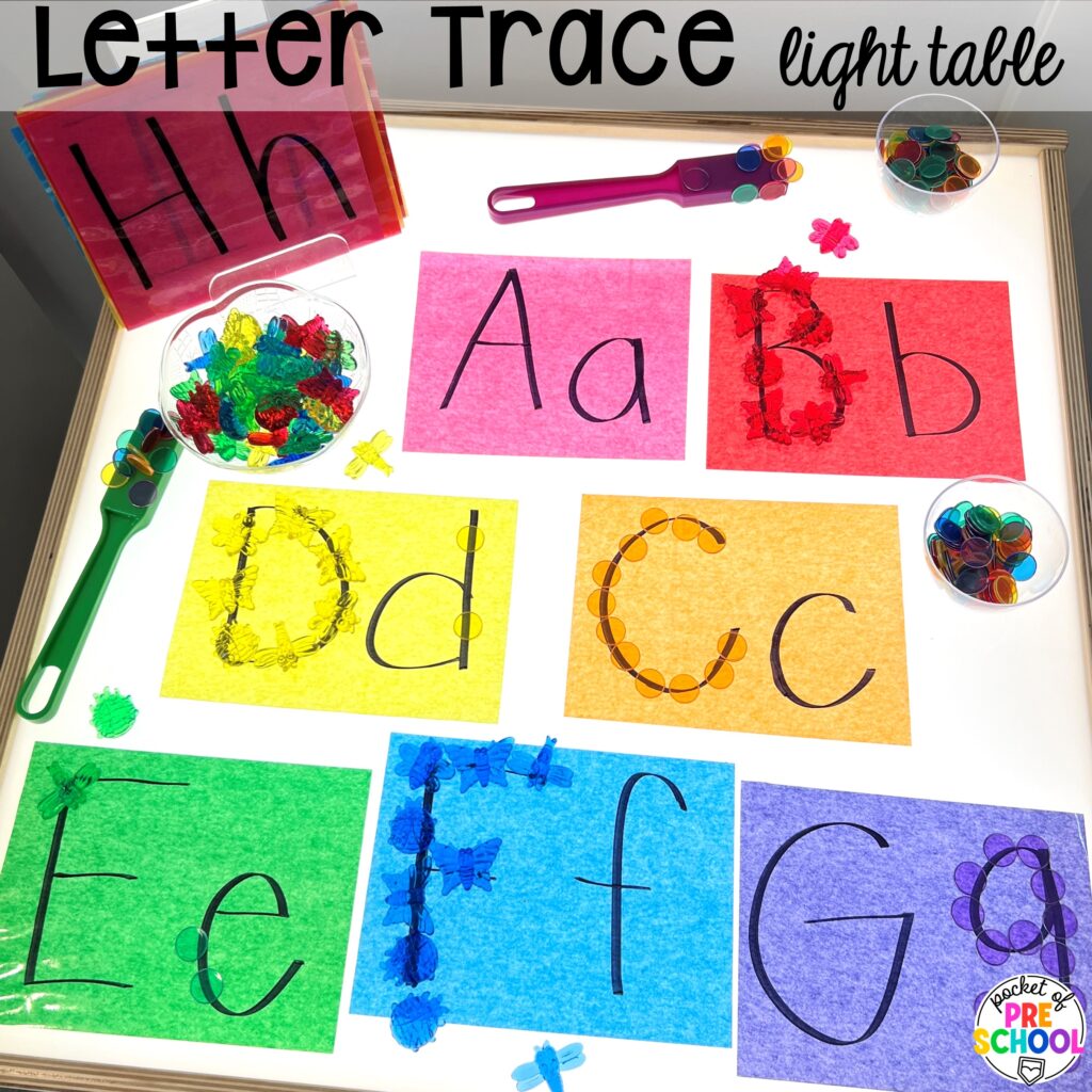 Letter Trace! Literacy light table ideas for preschool, pre-k, and kindergarten. Plus ideas for fine motor development and pre-writing skills.