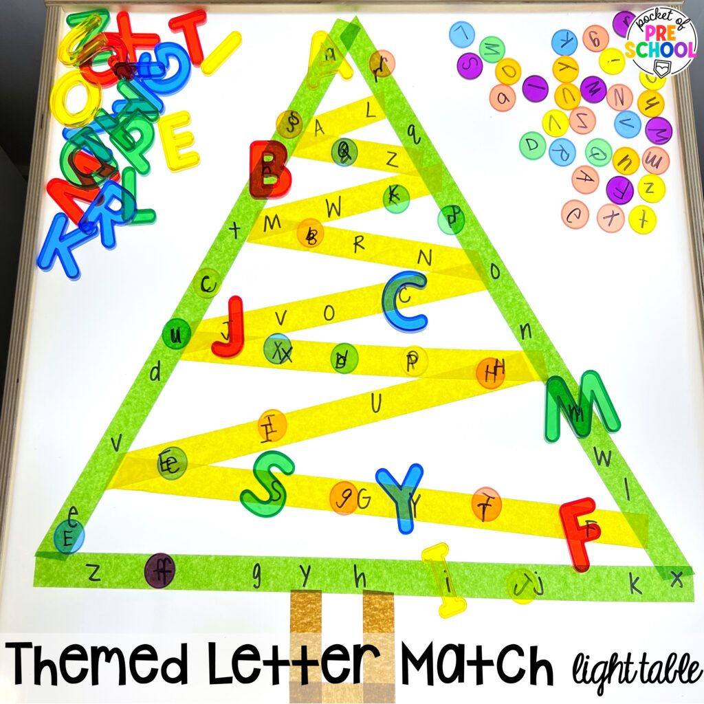 Themed Letter Match! Literacy light table ideas for preschool, pre-k, and kindergarten. Plus ideas for fine motor development and pre-writing skills.