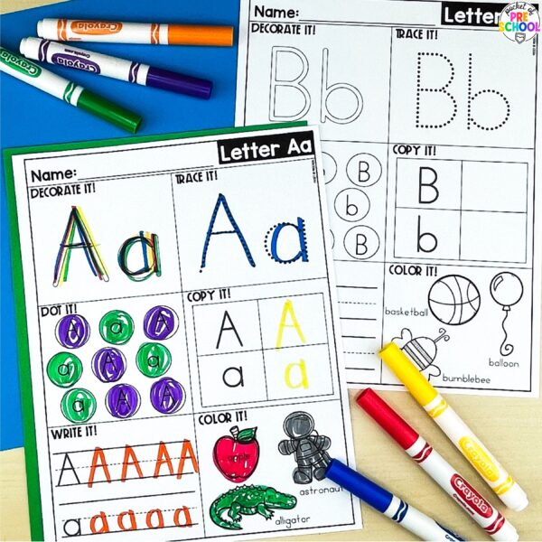 Alphabet worksheets to practice letter formation, letter identification, and more with your preschool, pre-k, and kindergarten students.