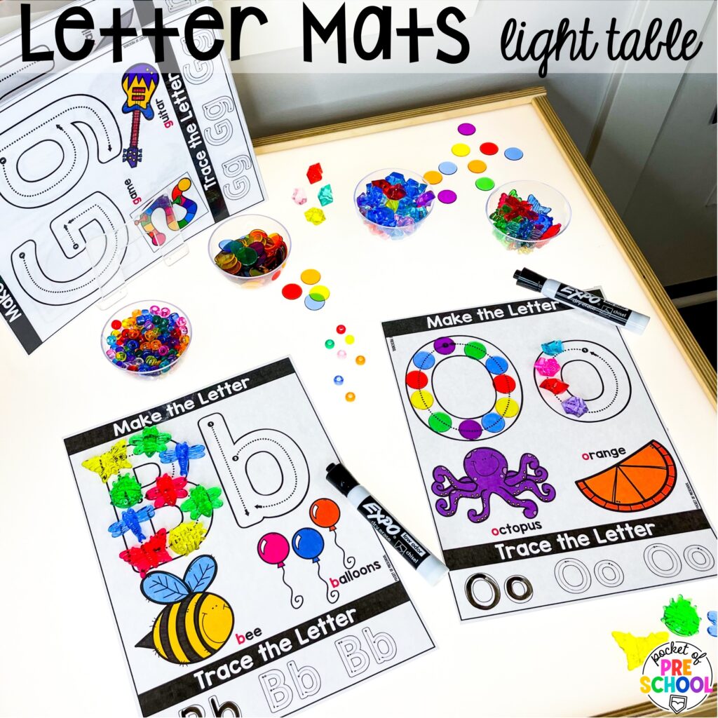 Letter mats! Literacy light table ideas for preschool, pre-k, and kindergarten. Plus ideas for fine motor development and pre-writing skills.
