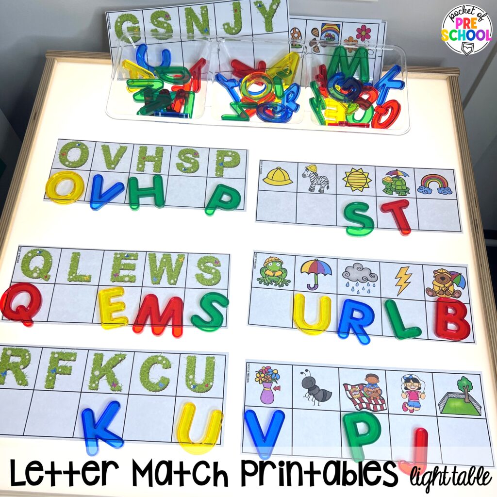 Letter Match Printables! Literacy light table ideas for preschool, pre-k, and kindergarten. Plus ideas for fine motor development and pre-writing skills.
