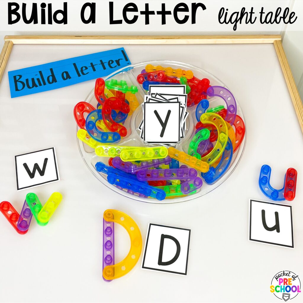 Build a letter! Literacy light table ideas for preschool, pre-k, and kindergarten. Plus ideas for fine motor development and pre-writing skills.