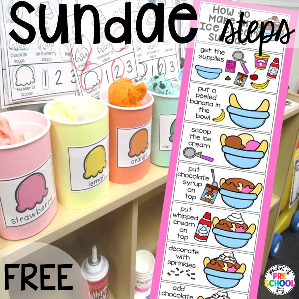 FREE sundae steps printable! Ideas and activities for an ice cream theme in your preschool, pre-k, and kindergarten room.