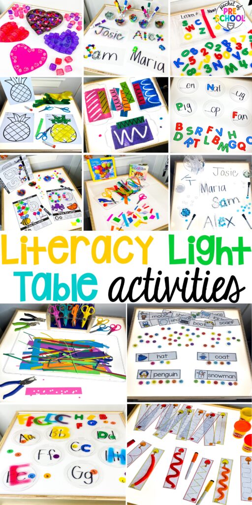 Literacy light table ideas for preschool, pre-k, and kindergarten. Plus ideas for fine motor development and pre-writing skills.