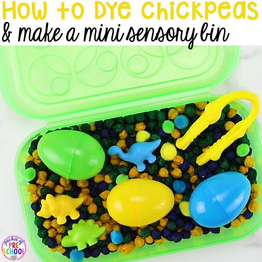 90 Sensory Table Ideas for the Year 97 How to dye chickpeas (aka garbanzo beans) and create a mini color mathicng sensory bin using a pencil box. Created for preschool, pre-k, and kindergarten.)