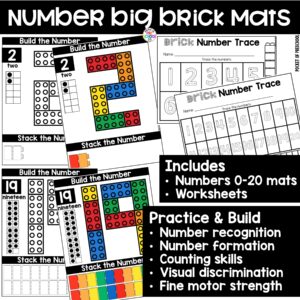 Practice number formation and identification while building numbers on these big brick mats.