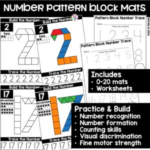 Practice number formation and identification while building numbers on these pattern block number mats.