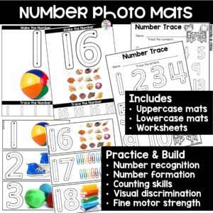 Practice number formation and identification while building numbers on these photo number mats.