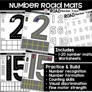 Practice number formation and identification while building numbers on these road number mats.