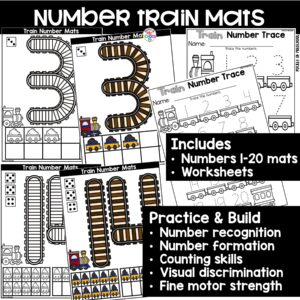Practice number formation and identification while building numbers on these train number mats.