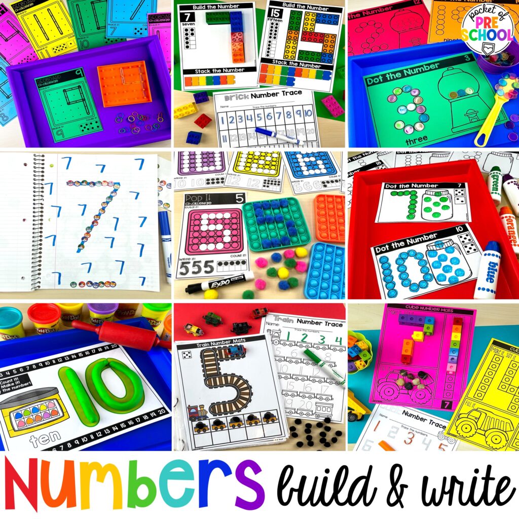 Number counting mats - build the number and write it! Easy way to make learning numbers and handwriting fun for preschool, pre-k, and kindergarten #counting #numbers #handwriting #preschool #prek #kindergarten