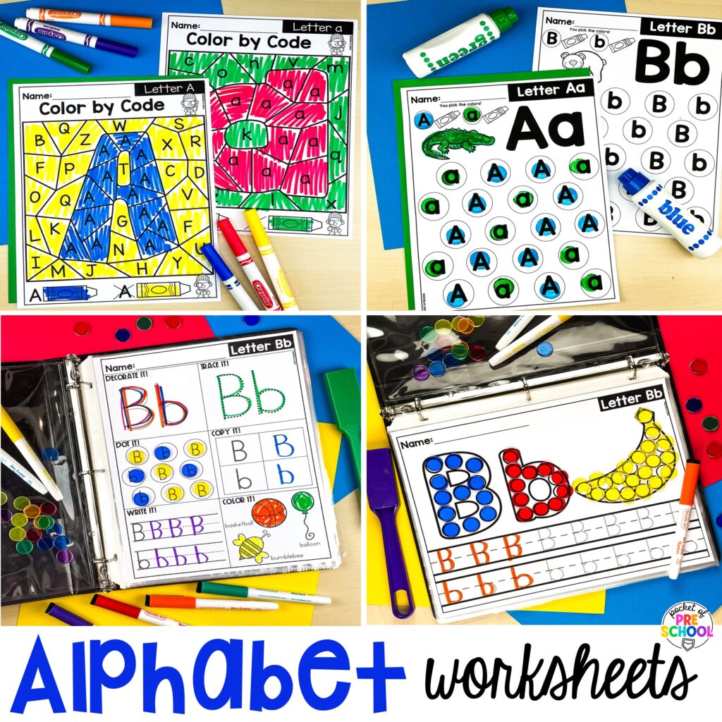 Alphabet worksheets for preschool, pre-k, and kindergarten students to practice letter formation, letter identification, and fine motor skills.