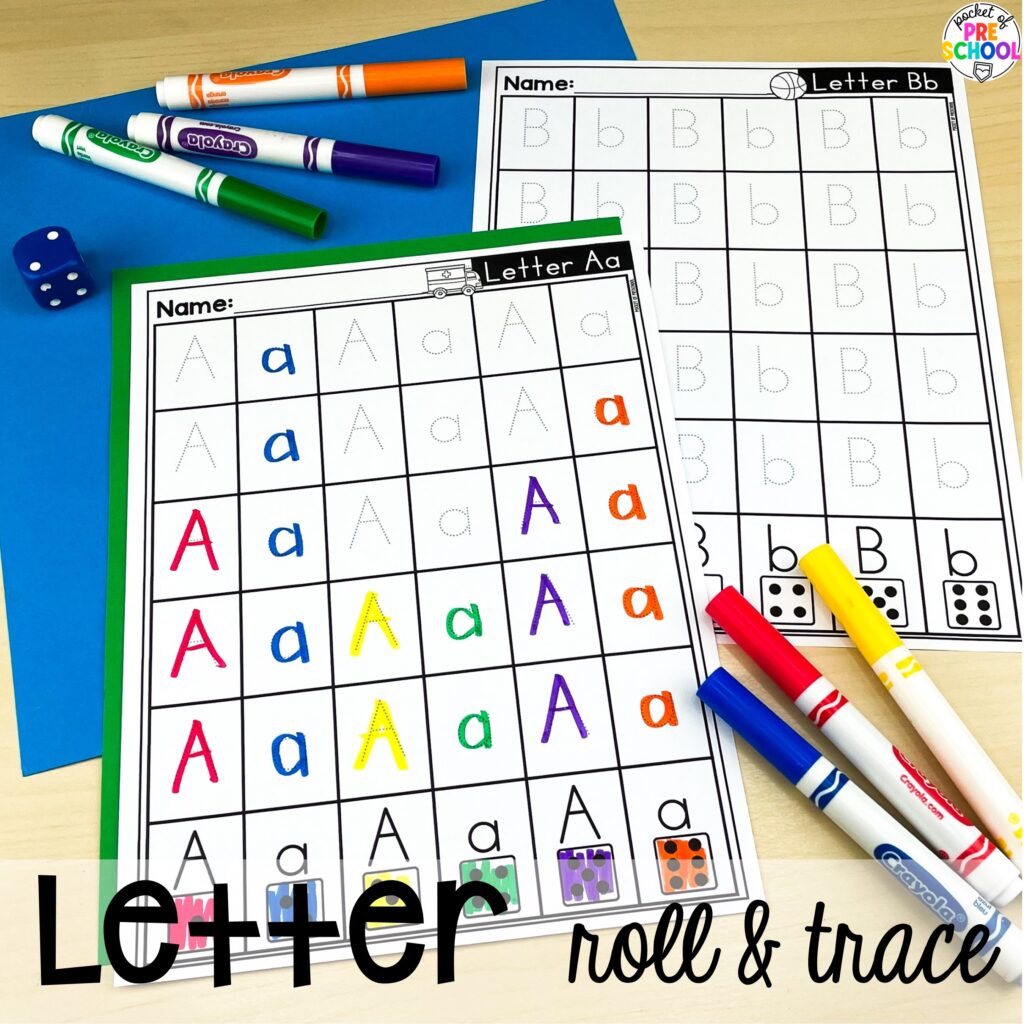 Letter roll & trace! Alphabet worksheets for preschool, pre-k, and kindergarten students to practice letter formation, letter identification, and fine motor skills.