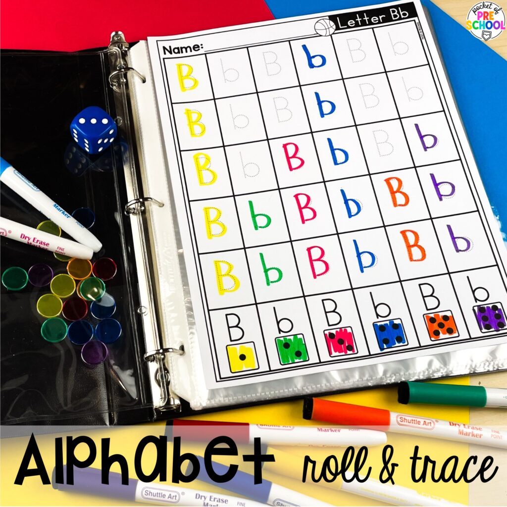 Alphabet roll & trace! Alphabet worksheets for preschool, pre-k, and kindergarten students to practice letter formation, letter identification, and fine motor skills.