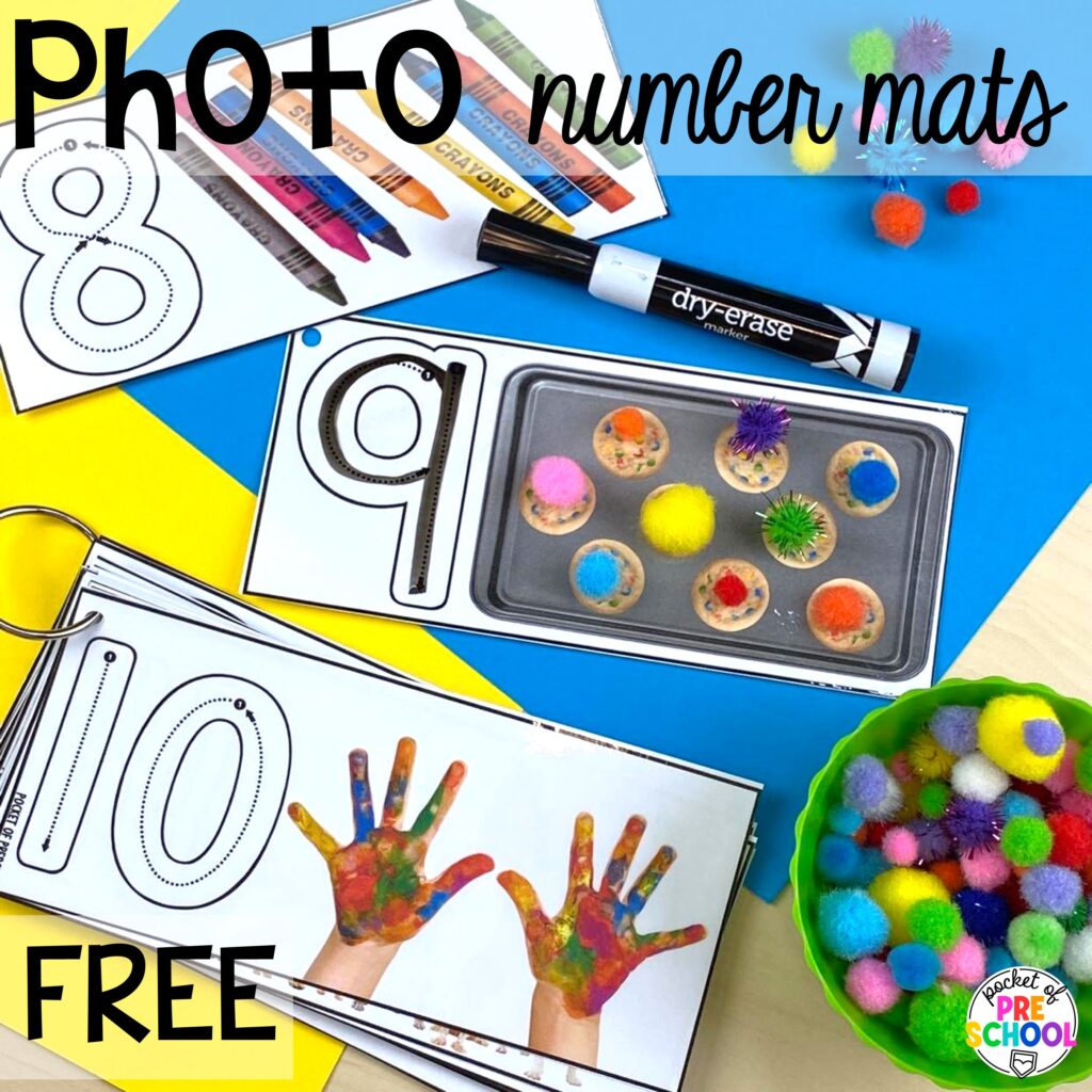 FREE photo number build! Number counting mats - build the number and write it! Easy way to make learning numbers and handwriting fun for preschool, pre-k, and kindergarten #counting #numbers #handwriting #preschool #prek #kindergarten