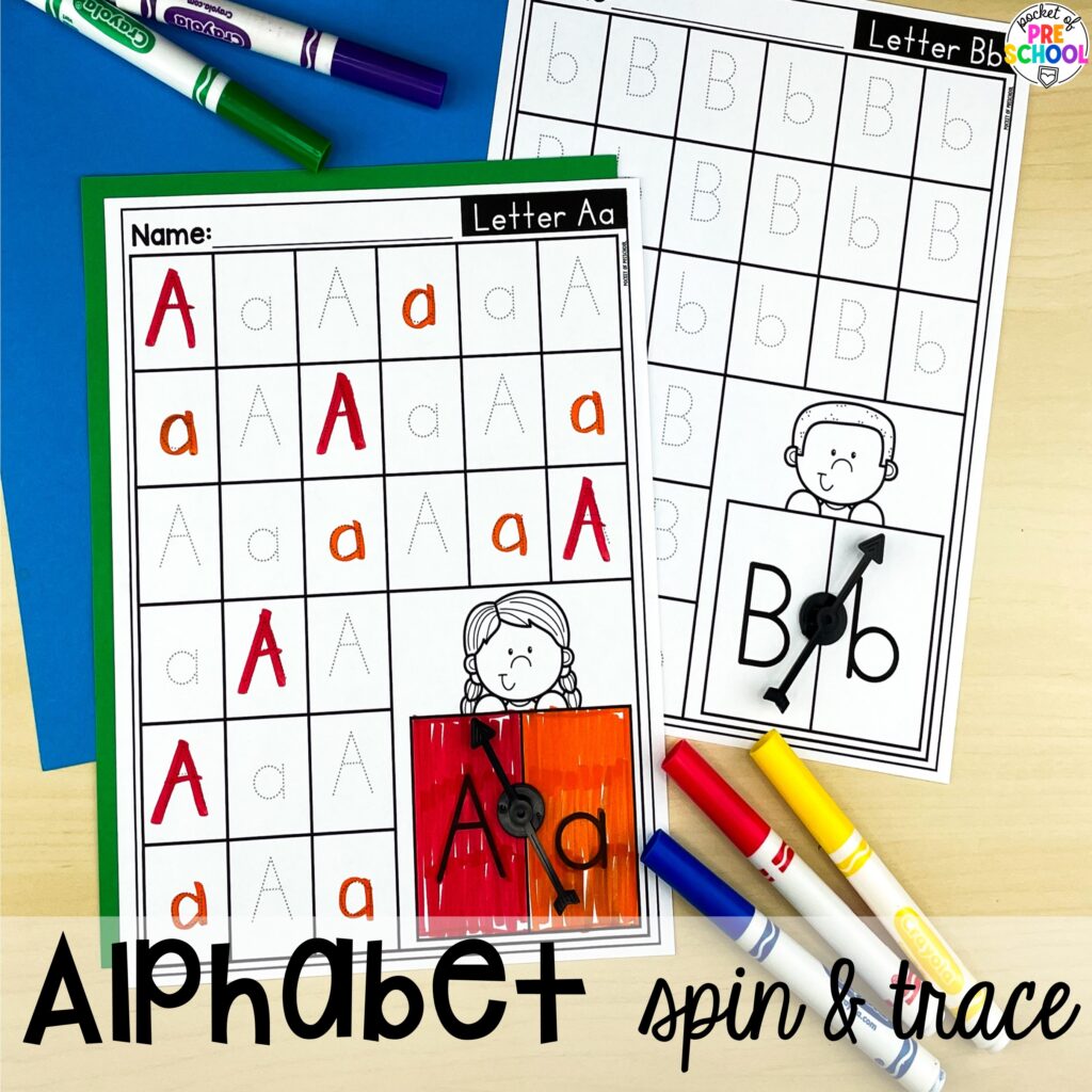 Alphabet spin & trace! Alphabet worksheets for preschool, pre-k, and kindergarten students to practice letter formation, letter identification, and fine motor skills.