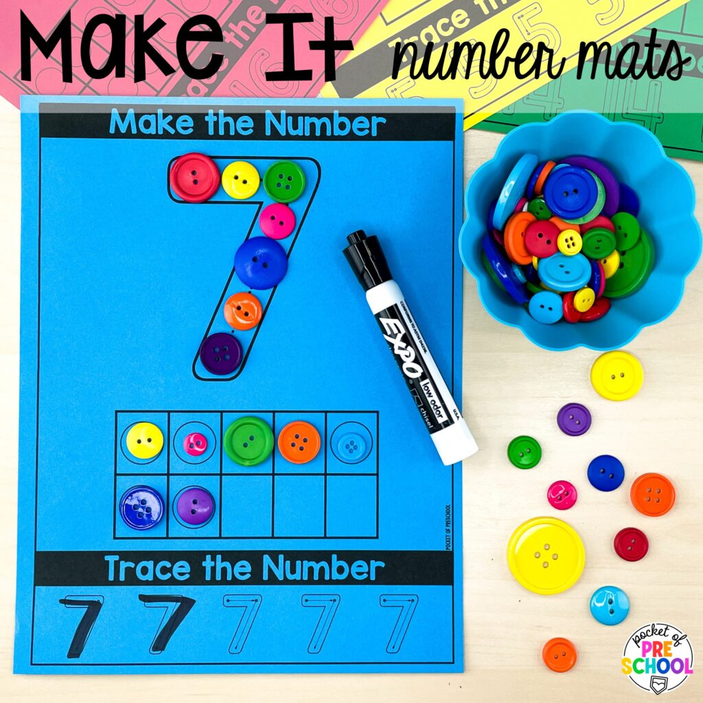 Make it number build! Number counting mats - build the number and write it! Easy way to make learning numbers and handwriting fun for preschool, pre-k, and kindergarten #counting #numbers #handwriting #preschool #prek #kindergarten