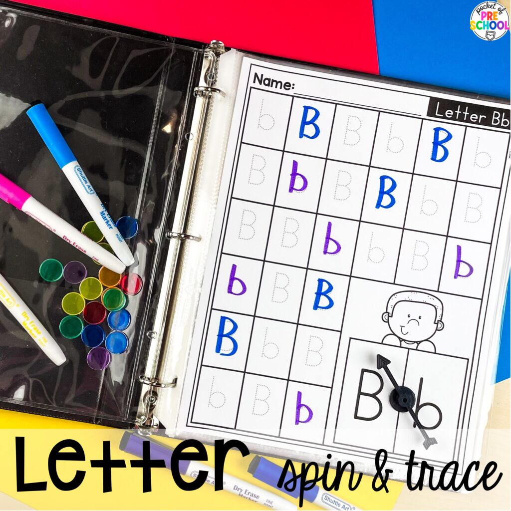 Letter spin & trace! Alphabet worksheets for preschool, pre-k, and kindergarten students to practice letter formation, letter identification, and fine motor skills.