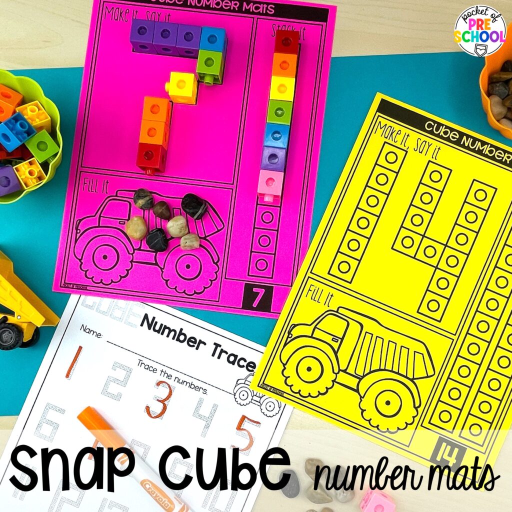 Snap cube number build! Number counting mats - build the number and write it! Easy way to make learning numbers and handwriting fun for preschool, pre-k, and kindergarten #counting #numbers #handwriting #preschool #prek #kindergarten