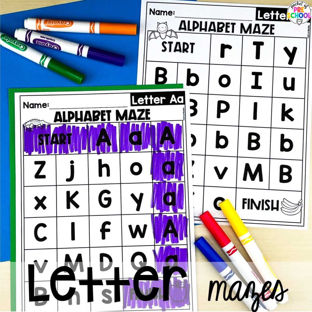 Letter mazes! Alphabet worksheets for preschool, pre-k, and kindergarten students to practice letter formation, letter identification, and fine motor skills.